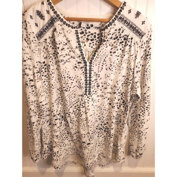 Lucky Brand Tops - Lucky Brand Tunic Top Womens 1XL Black White Long Sleeve Boho Peasant Embroidery